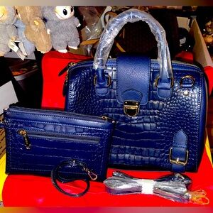 Croc-Embossed Navy Satchel with Matching Wristlet